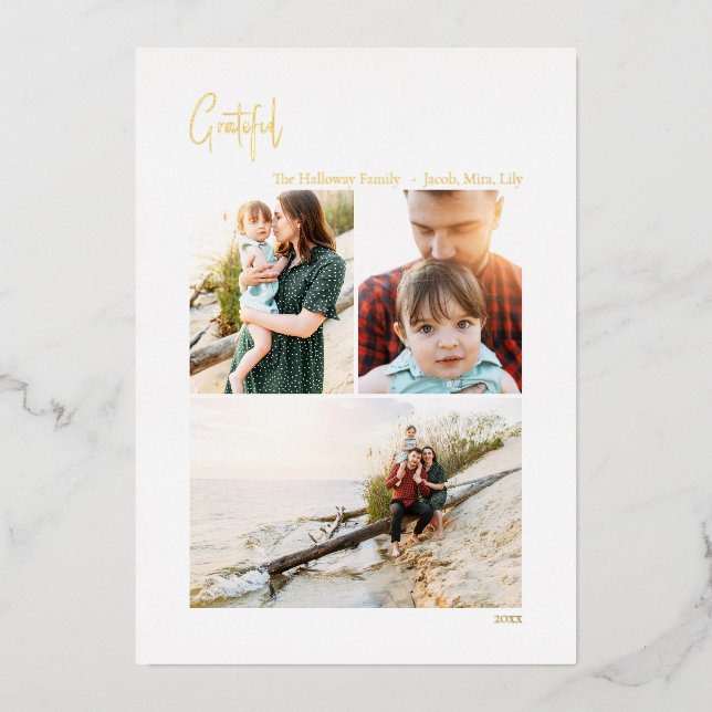 Modern Grateful Christmas Vertical 3 Photo | Gold Foil Holiday Card (Front)
