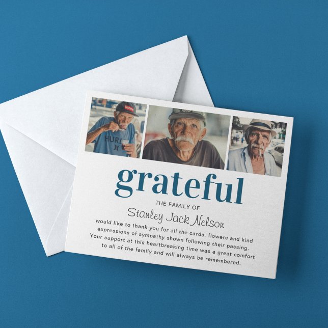 Modern 'Grateful' Photo Collage Sympathy Thank You Card (Creator Uploaded)