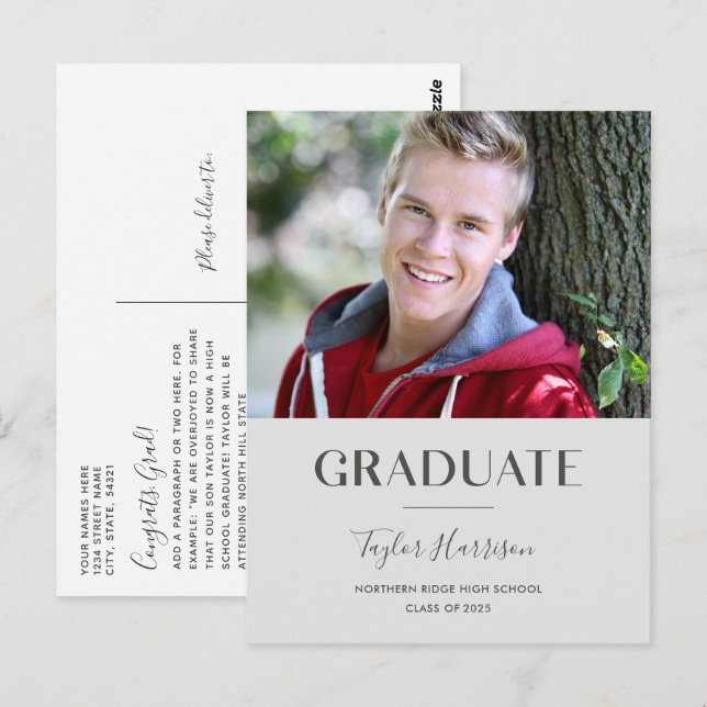Modern Gray 2025 Graduate 1-Photo Graduation Postcard (Front/Back)