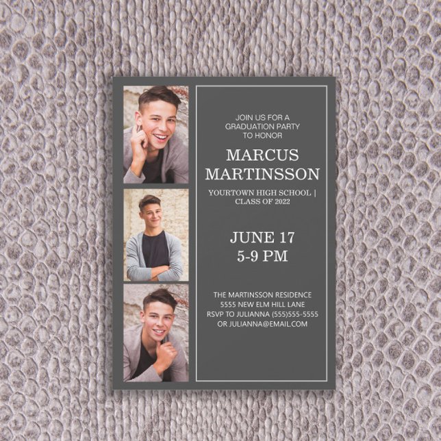 Modern Gray 3 Photo Graduation Party  Invitation (Creator Uploaded)