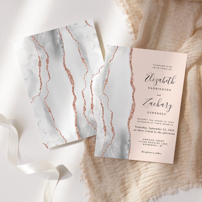 Modern Gray Agate Rose Gold Blush Wedding Invitation (Creator Uploaded)