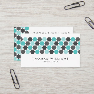 Modern gray and aqua blue hexagon border business card