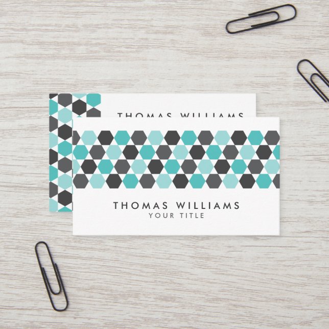 Modern gray and aqua blue hexagon border business card (Front/Back In Situ)
