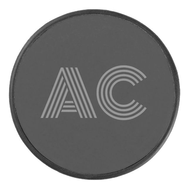 Modern Gray and Black Monogram Hockey Puck (Front)