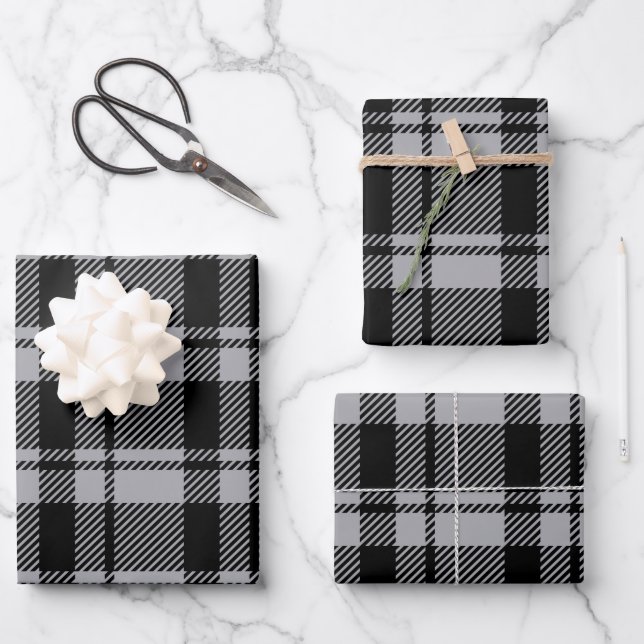 Modern Gray and Black Tartan Plaid Wrapping Paper Sheets (Front)