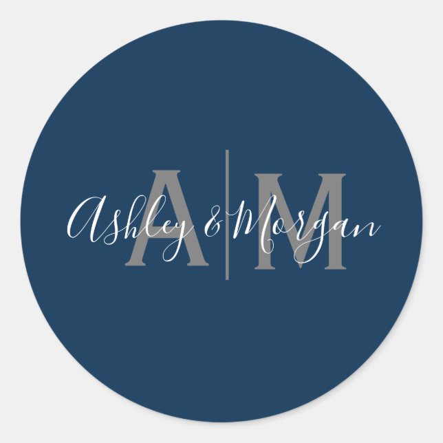 Modern Gray and Blue Couple's Monogram Classic Round Sticker (Front)
