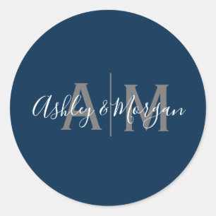 Modern Gray and Blue Couple's Monogram Classic Round Sticker