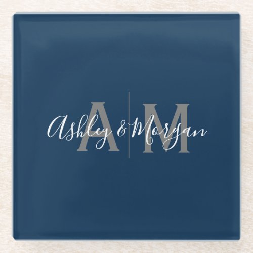 Modern Gray and Blue Couples Monogram Glass Coaster