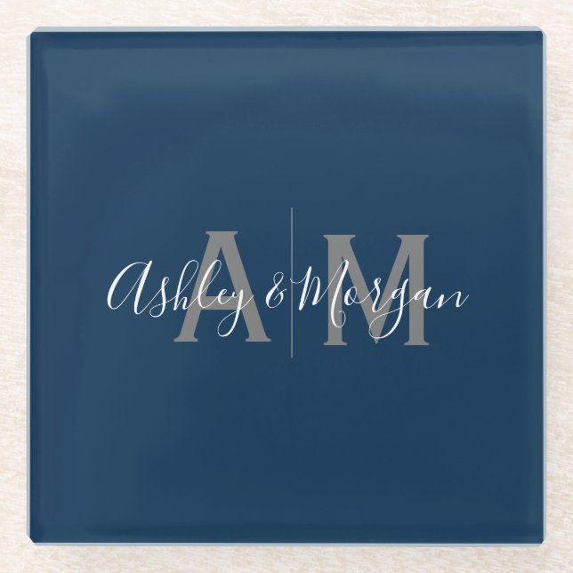 Modern Gray and Blue Couple's Monogram Glass Coaster (Front)