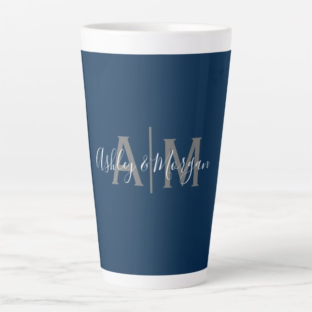 Modern Gray and Blue Couple's Monogram Latte Mug (Front)