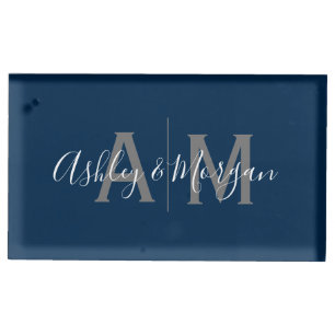 Modern Gray and Blue Couple's Monogram Place Card Holder