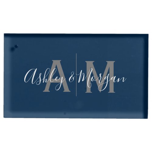 Modern Gray and Blue Couples Monogram Place Card Holder
