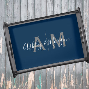 Modern Gray and Blue Couple's Monogram Serving Tray