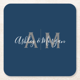 Modern Gray and Blue Couple's Monogram Square Paper Coaster
