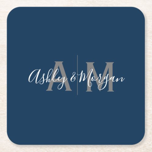 Modern Gray and Blue Couples Monogram Square Paper Coaster