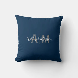 Modern Gray and Blue Couple's Monogram Throw Pillow