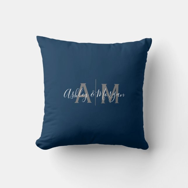 Modern Gray and Blue Couple's Monogram Throw Pillow (Front)