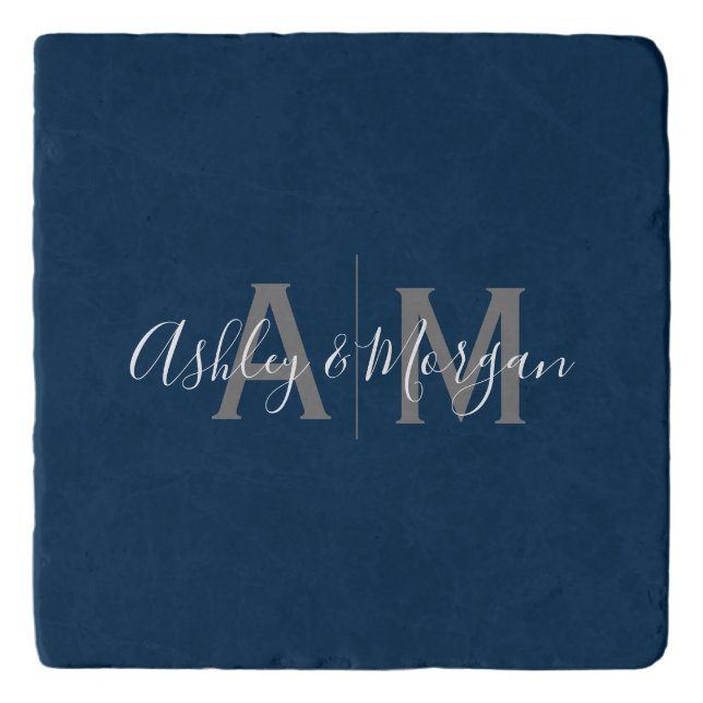 Modern Gray and Blue Couple's Monogram Trivet (Front)