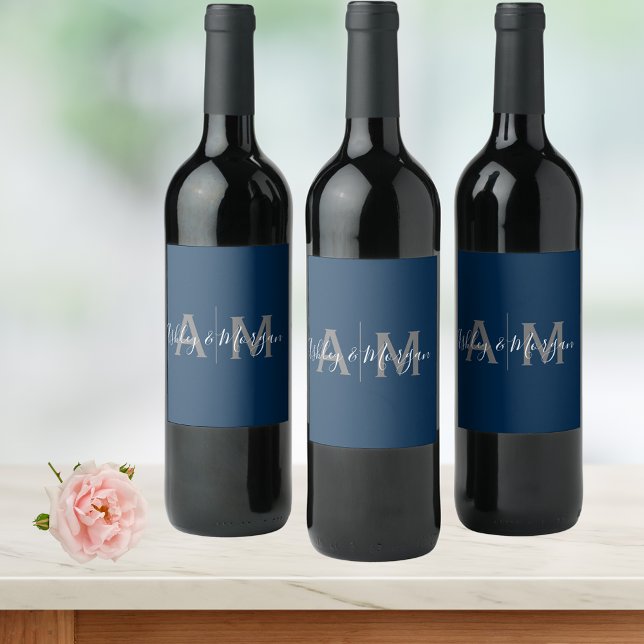 Modern Gray and Blue Couple's Monogram Wine Label (Creator Uploaded)