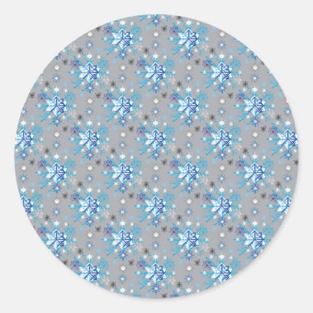 Modern gray and blue Holiday Snowflakes pattern Classic Round Sticker (Front)