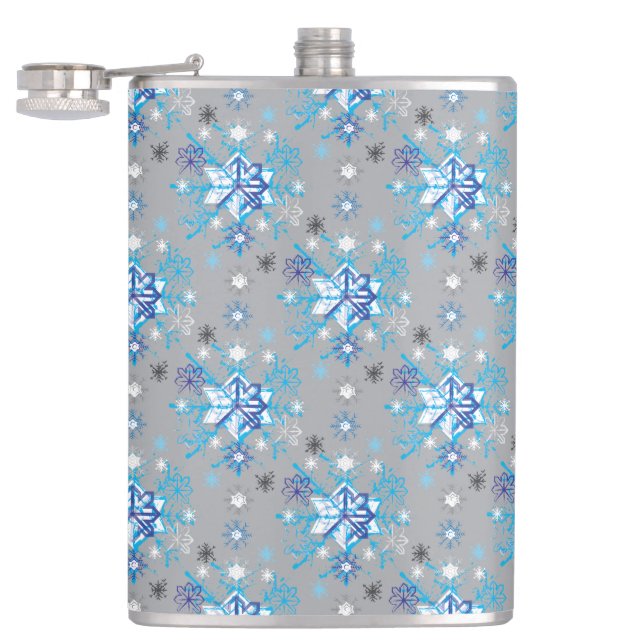 Modern gray and blue Holiday Snowflakes pattern Flask (Opened)