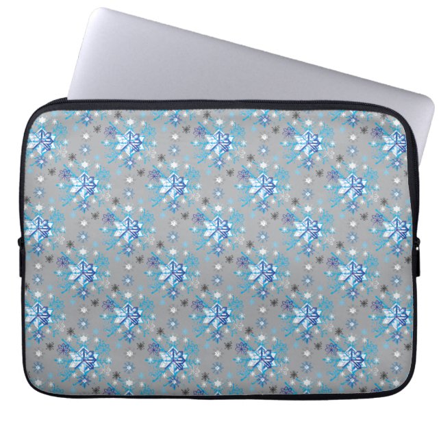 Modern gray and blue Holiday Snowflakes pattern Laptop Sleeve (Front)