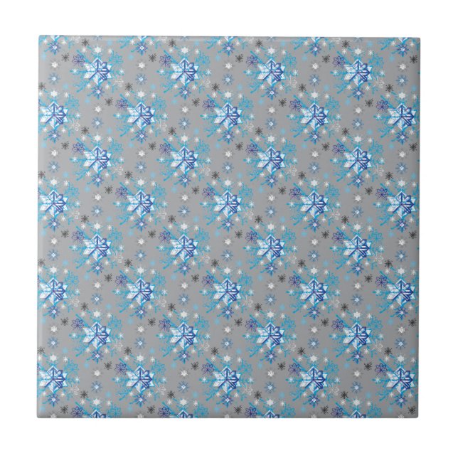 Modern gray and blue Holiday Snowflakes pattern Tile (Front)