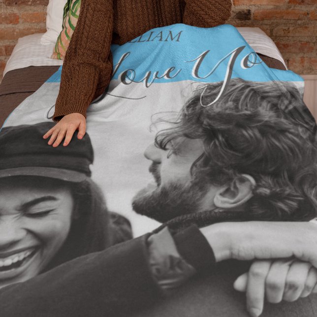 Modern Gray And Blue| I Love You Photo Fleece Blanket (Creator Uploaded)