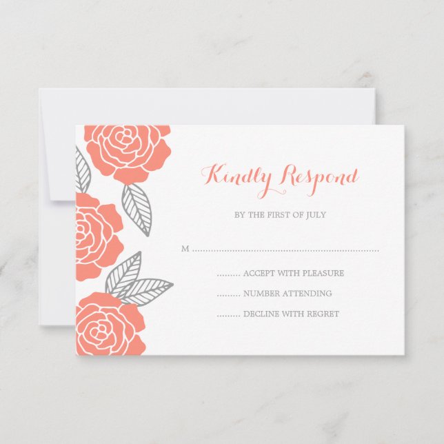 Modern Gray and Coral Rose Wedding RSVP Card (Front)