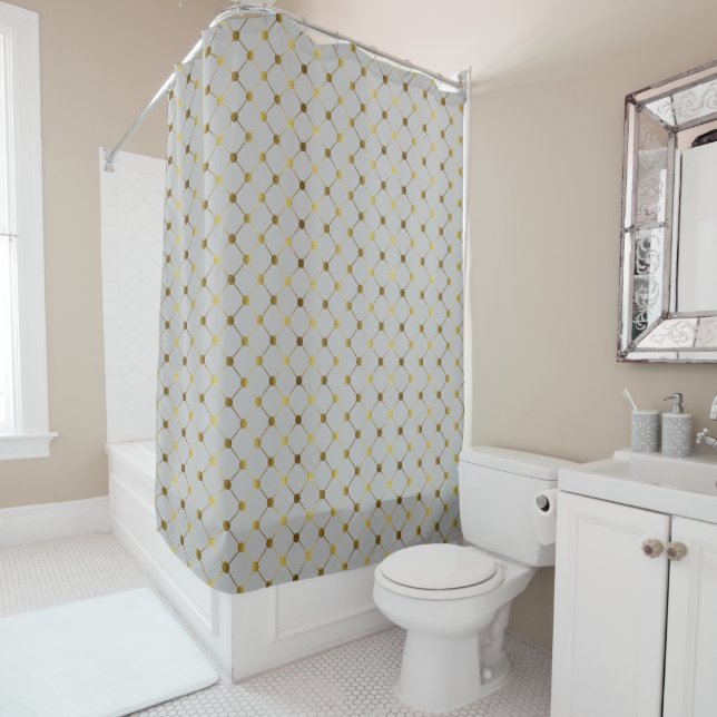 Modern Gray and Gold Dot Grid  Shower Curtain (In Situ)