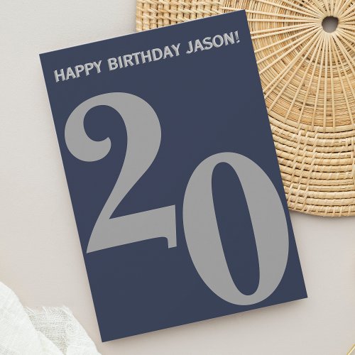 Modern Gray and Navy Blue Men 20th Birthday Card