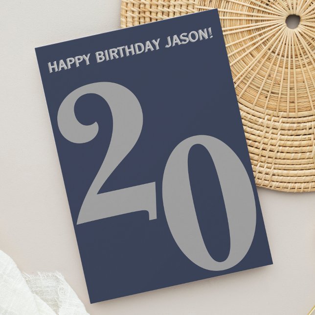 Modern Gray and Navy Blue Men 20th Birthday Card (Creator Uploaded)