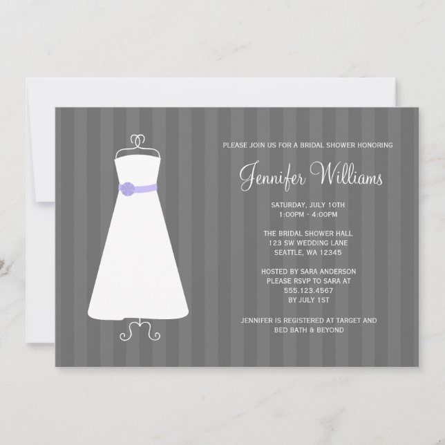 Modern Gray and Purple Gown Stripes Bridal Shower Invitation (Front)
