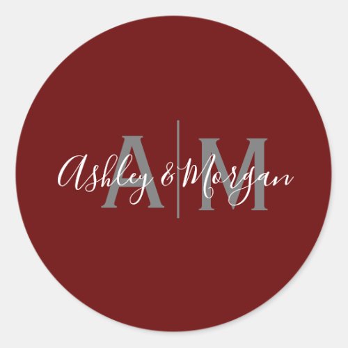 Modern Gray and Red Couples Monogram  Classic Round Sticker