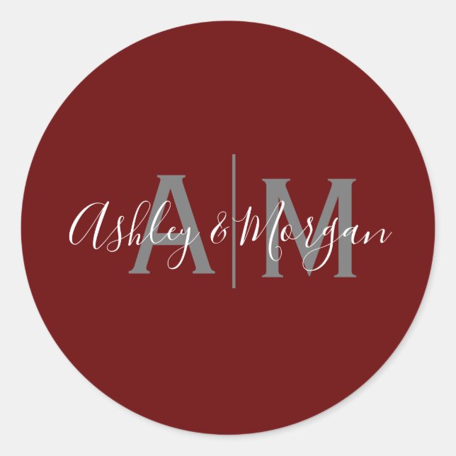 Modern Gray and Red Couple's Monogram  Classic Round Sticker (Front)
