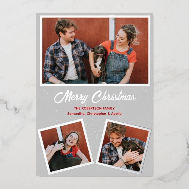 Modern Gray and Red Dog Pitbull Greeting Foil Holiday Card (Front)