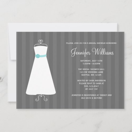 Modern Gray and Teal Gown Stripes Bridal Shower Custom Announcement