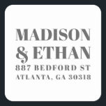 Modern Gray and White Bold Wedding Return Address Square Sticker<br><div class="desc">Modern typography wedding stickers with your names and return address in large, gray bold block letters, over a white background. The font and background colors may be changed to any colors you wish. These simple, contemporary return address labels are great for the minimalist couple who is having an informal or...</div>