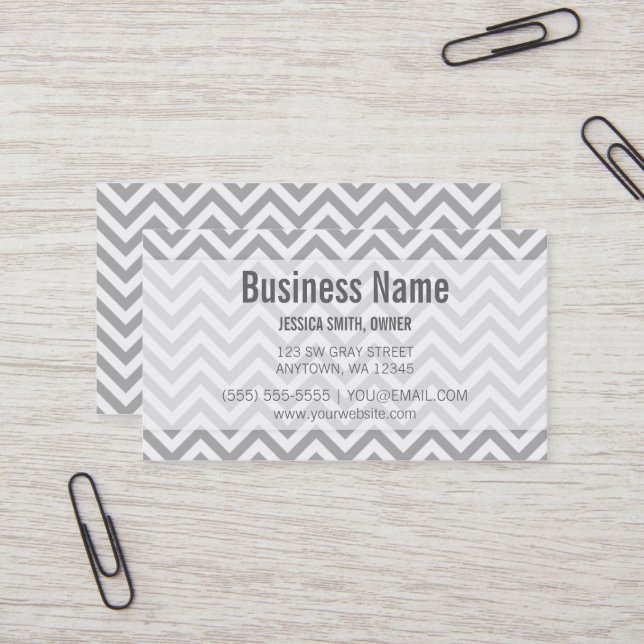 Modern Gray and White Chevron Pattern Business Card (Front/Back In Situ)
