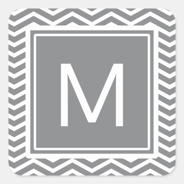 Modern Gray and White Chevrons With Monogram Square Sticker (Front)