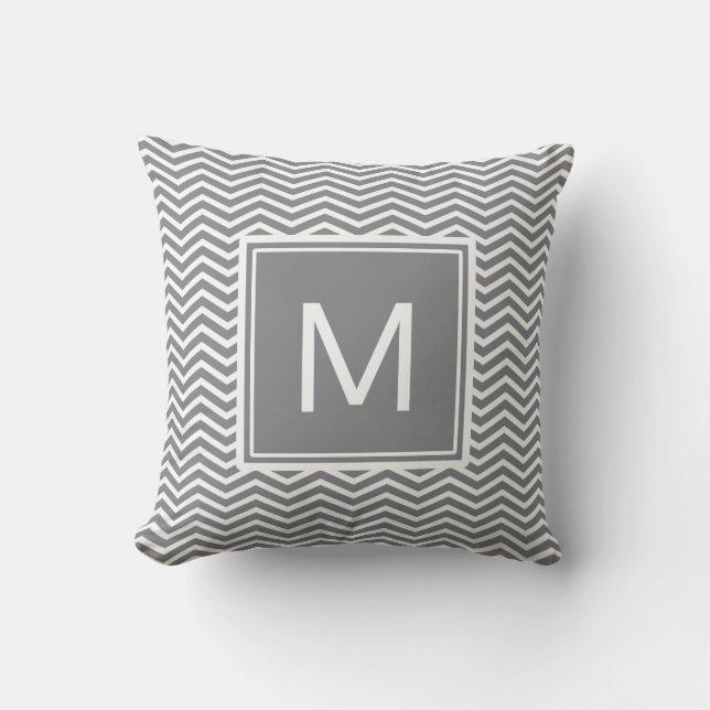 Modern Gray and White Chevrons With Monogram Throw Pillow (Front)