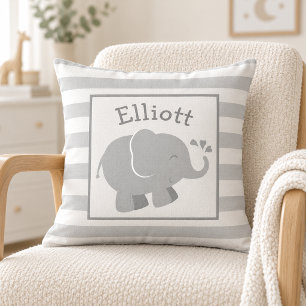 Modern Gray and White Elephant Monogram Throw Pillow