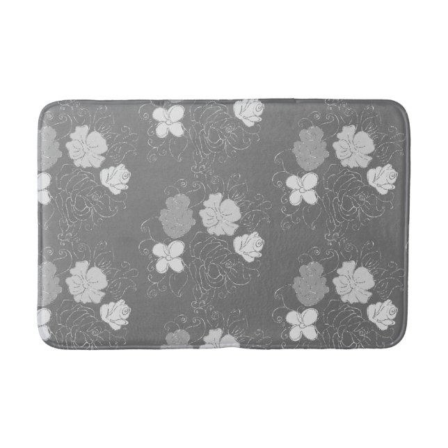 Modern Gray and White Floral Pattern Bath Mat (Front)