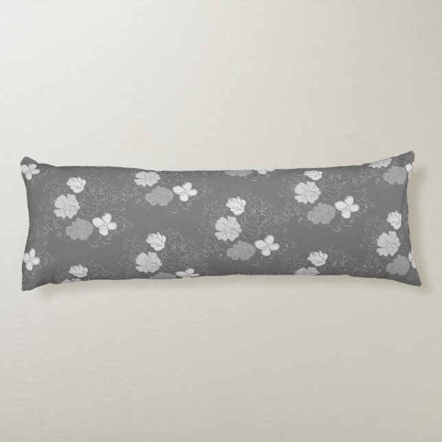 Modern Gray and White Floral Pattern Body Pillow (Back)