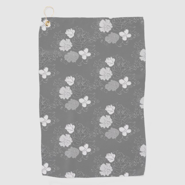 Modern Gray and White Floral Pattern   Golf Towel (Front)