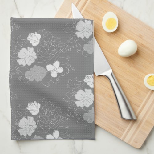 Modern Gray and White Floral Pattern  Kitchen Towel