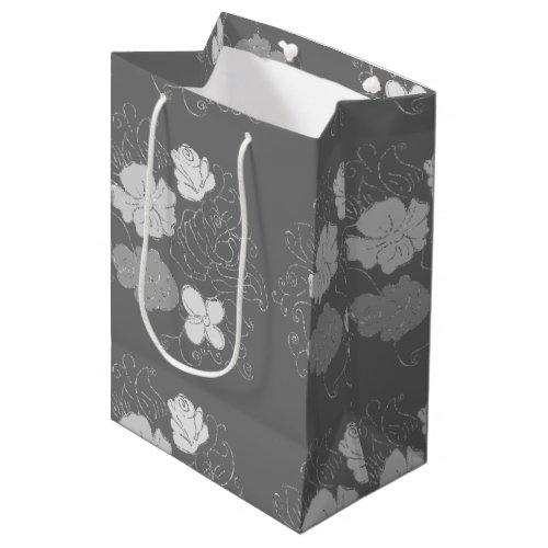 Modern Gray and White Floral Pattern  Medium Gift Bag
