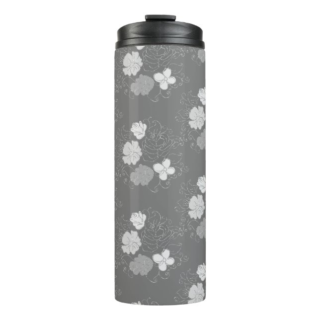 Modern Gray and White Floral Pattern Thermal Tumbler (Front)