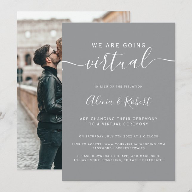Modern gray and white font photo virtual wedding invitation (Front/Back)
