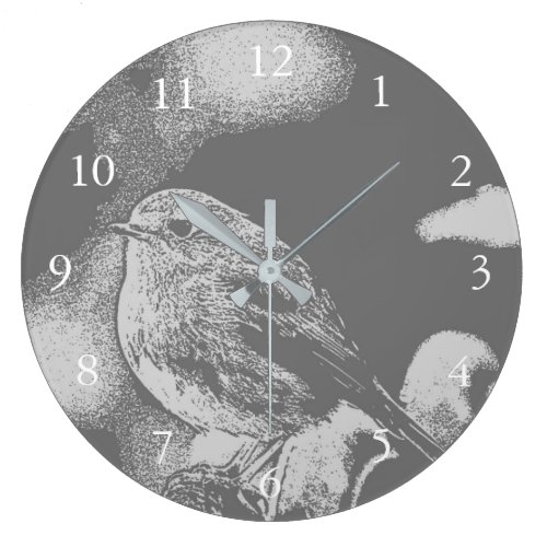 Modern gray and white Robin bird photo art Large Clock